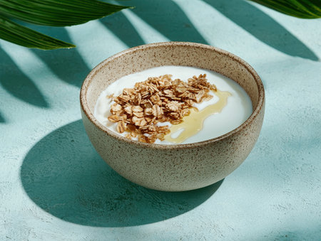 Healthy breakfast of yogurt granola and honey in a rustic bowlの素材