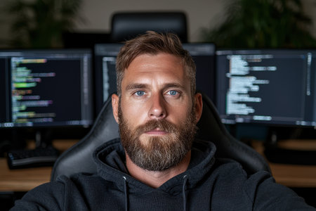 Focused Programmer Working Late at Nightの素材