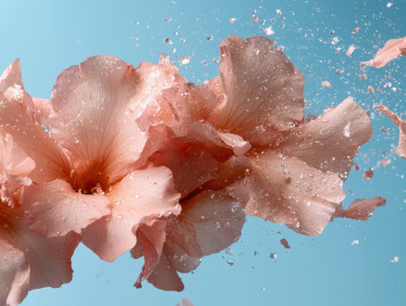 Pink flowers in water splash, close-up viewの素材