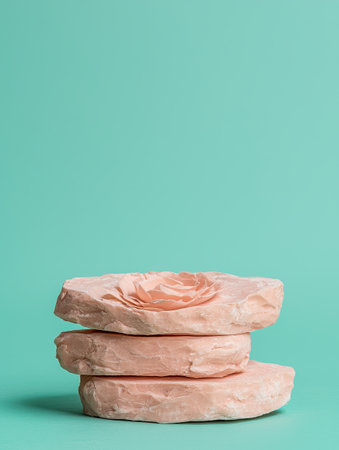 Stack of pink soap bars with a rose on top, on a teal backgroundの素材