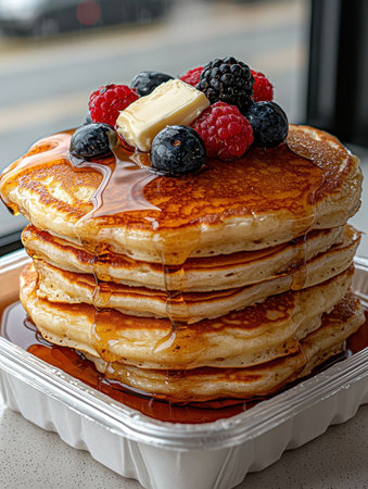 Delicious pancakes with berries and butter for breakfastの素材