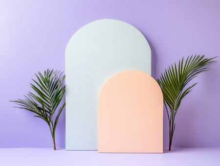 Pastel arch background with tropical plants for product displayの素材