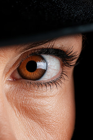Close-up of a woman's eye with brown iris and long eyelashesの素材