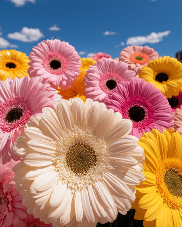 Close-up of colorful gerbera daisies against a bright blue skyの素材