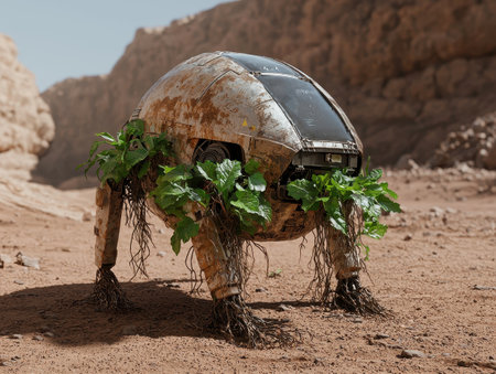 Futuristic robot covered in plants in desert landscapeの素材
