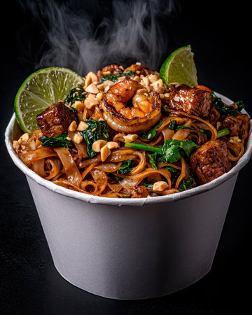 Delicious Pad Thai with Shrimp and Tofu in a White Containerの素材