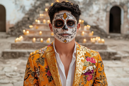 Man in ornate jacket with sugar skull makeup for Dia de los Muertosの素材