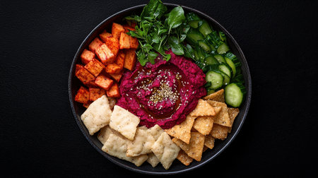 Vibrant Beetroot Hummus Bowl with Roasted Sweet Potatoes and Crunchy Pita Chipsの素材