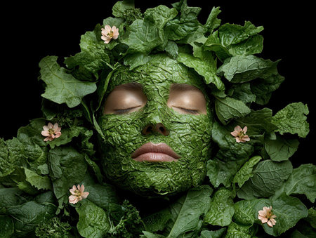 Woman with green leaf face mask and flowers in her hairの素材