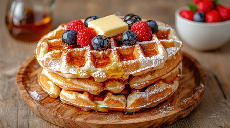 Delicious waffles with berries and butter for breakfastの素材