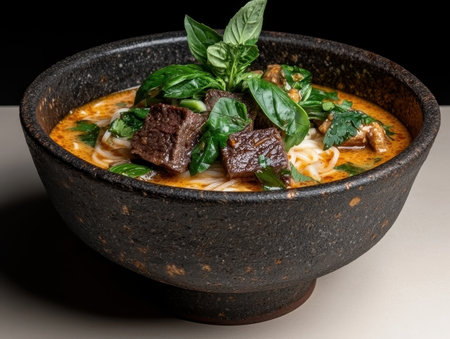 Delicious beef and noodle soup in a rustic bowlの素材