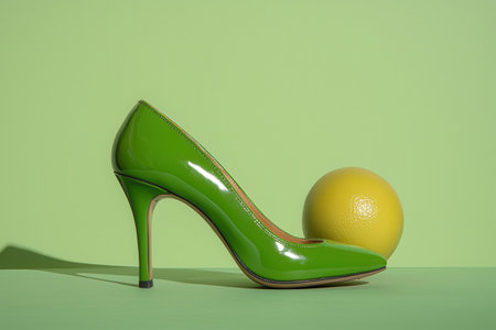 Green high heels and grapefruit on green backgroundの素材