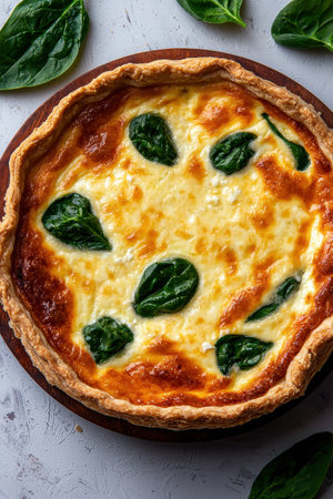 Delicious spinach and feta quiche on wooden boardの素材