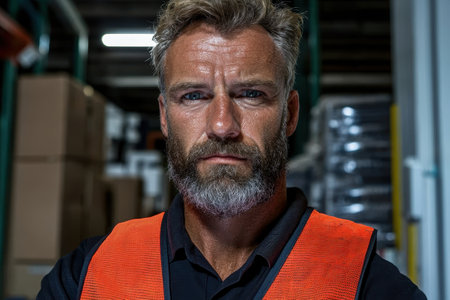 Portrait of a serious warehouse workerの素材