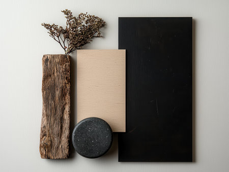 Flat lay of wooden textures, stone, and dried flowers on a neutral backgroundの素材