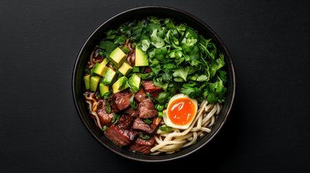 Delicious ramen bowl with beef, avocado, and soft boiled eggの素材