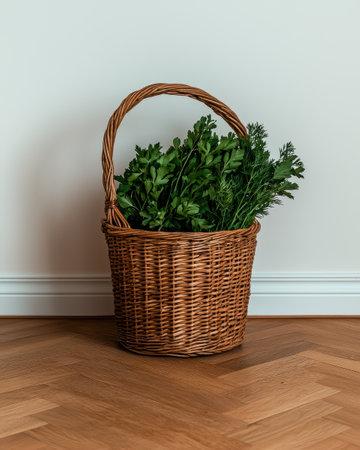 Fresh herbs in a wicker basket on a wooden floorの素材