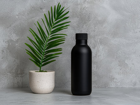 Black matte bottle mockup next to a potted plant on a gray backgroundの素材