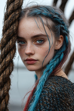 Close-up portrait of a young woman with blue and red braided hairの素材