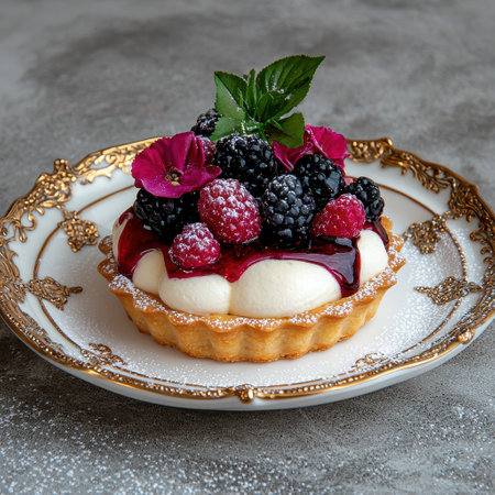 Delicious berry tart with custard cream and fresh berries on a gold-rimmed plateの素材