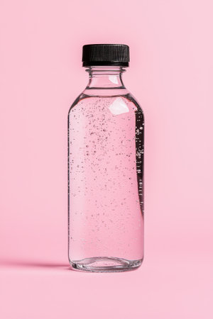 Clear glass bottle with black cap filled with liquid on pink backgroundの素材
