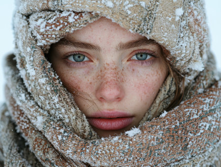 Close-up portrait of a young woman with freckles, wrapped in a warm, snowy scarf.の素材