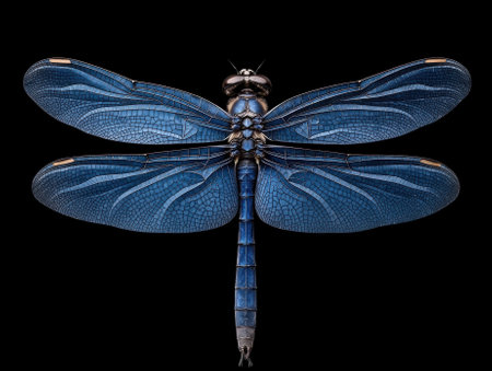 Closeup of a vibrant blue dragonfly with intricate wing details against a black backgroundの素材