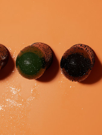 Three dark green and black textured glasses with water droplets on an orange backgroundの素材