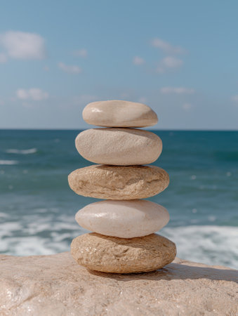 Stack of stones on the beach, zen stones, balance, meditation, relaxationの素材