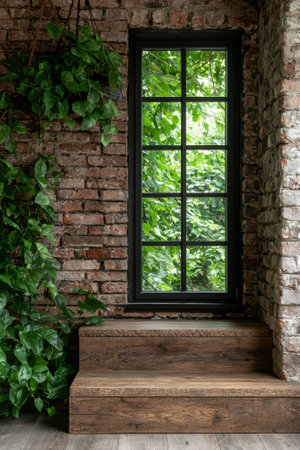 Rustic brick wall with wooden steps and window, green plantsの素材