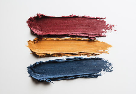 Three swatches of color: burgundy, gold, and navy blueの素材