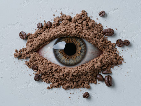 Close-up of a human eye surrounded by coffee grounds and beansの素材