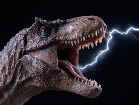 Roaring Tyrannosaurus Rex with Lightning in the Backgroundの素材