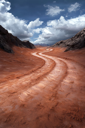 Winding dirt road through a red rock desert canyon under a cloudy skyの素材
