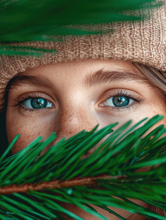 Close-up portrait of a woman's face partially hidden behind pine branchesの素材