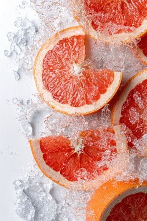 Refreshing grapefruit slices in ice water splashの素材