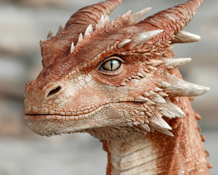 Close-up of a fantasy dragon's head and neck, intricate scales and hornsの素材