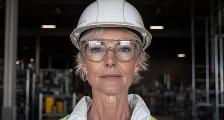 Portrait of a female construction worker in a hard hat and safety glassesの素材
