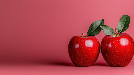 Two red apples with green leaves on a pink backgroundの素材
