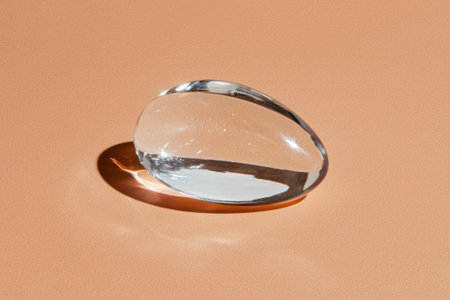 Close-up of a smooth, clear glass stone on a peach backgroundの素材