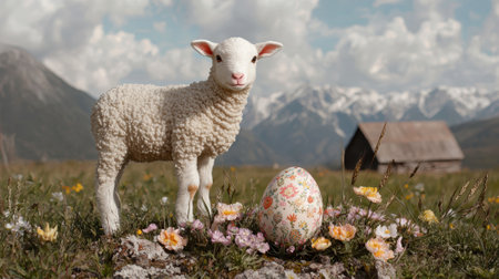 Cute lamb and easter egg in a spring meadowの素材