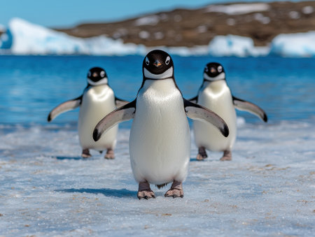 Three adorable penguins waddle towards the camera on a snowy beachの素材
