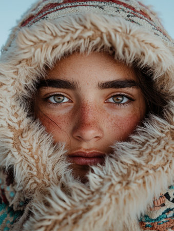 Close-up portrait of a young woman with freckles, wearing a fluffy hooded coatの素材