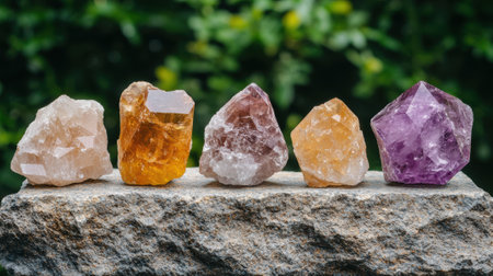 Five tumbled gemstones on a rockの素材