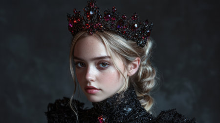 Portrait of a young woman wearing a dark crown with red jewelsの素材