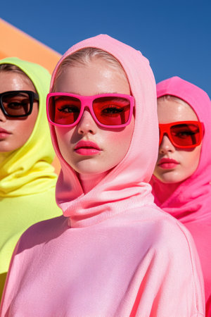Three women in neon pink and yellow hoodies and sunglassesの素材