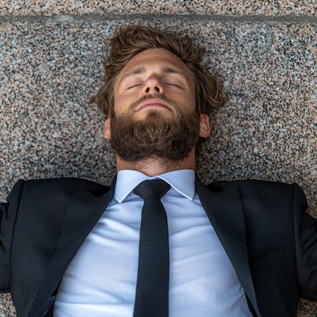 Businessman lying on the ground with eyes closedの素材