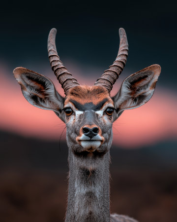 Close-up portrait of a majestic antelope against a vibrant sunsetの素材