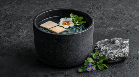 Delicious blue spirulina noodle soup in black bowlの素材