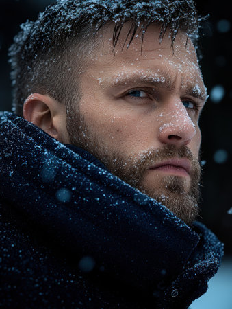 Close-up portrait of a man with snow on his face and hair, winter fashionの素材